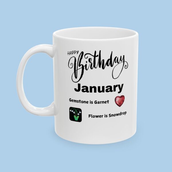 Personalized Happy Birthday Ceramic Mug for any Month with related Birth Gemstone and Flowers