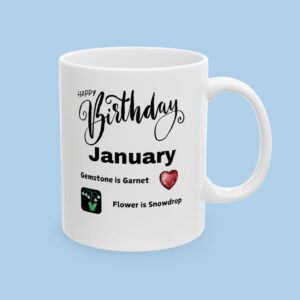 Personalized Happy Birthday Ceramic Mug for any Month with related Birth Gemstone and Flowers