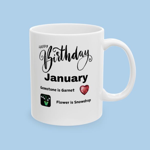 Personalized Happy Birthday Ceramic Mug for any Month with related Birth Gemstone and Flowers